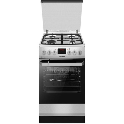 Комбинированная плита Hansa FCMX59229, 50×60 см, 4 газовые конфорки, электродуховка 65 л, чугунные решётки, нержавеющая сталь Изображение