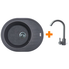 Комплект кухонной мойки Adamant Ovum овальная с крылом, серая, искусственный камень, врезная, смеситель Изображение