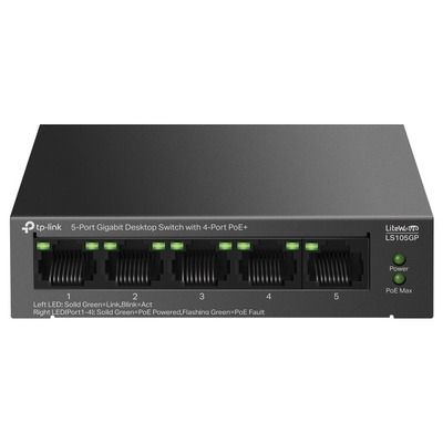 Комутатор TP-Link LS105GP 5-портовий гігабітний, 4 PoE+, 65 Вт, без вентилятора, металевий корпус Зображення