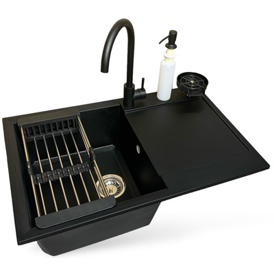 Кухонный набор Adamant Horizon антрацит, искусственный камень, врезная мойка, 780x495 мм, с крылом, смеситель, дозатор, коландер, ополаскиватель Изображение