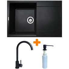 Кухонний набір Adamant Horizon з мийкою прямокутною, крилом, змішувачем і дозатором, чорний, штучний камінь Зображення