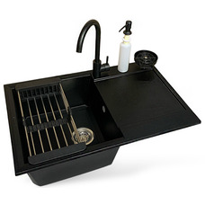 Кухонный набор Adamant Horizon искусственный камень 780х495х230 мм черный с крылом, смесителем, дозатором Изображение