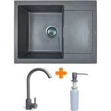 Кухонный набор Adamant Minimal искусственный камень серый, мойка с крылом, смеситель и дозатор Изображение