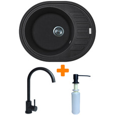 Кухонный набор Adamant Ovum овальная мойка с крылом, смеситель, дозатор, черный Изображение