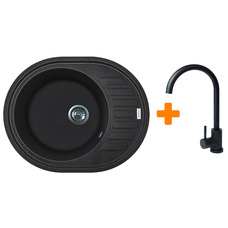 Кухонный набор Adamant Ovum овальная врезная мойка со смесителем, искусственный камень, черный Изображение