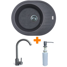 Кухонный набор Adamant Ovum овальная врезная мойка с крылом, смеситель и дозатор, серый искусственный камень Изображение