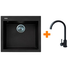 Кухонный набор Adamant Univer из искусственного камня, квадратная врезная мойка 560х500 мм, черный, смеситель из нержавеющей стали Изображение