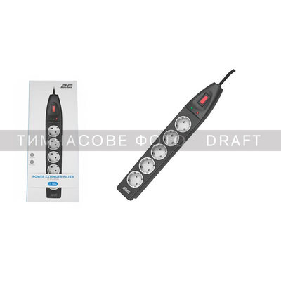 Мережевий фільтр 2E SP515 5 розеток Type-F, 10 м, 16А, чорний Зображення