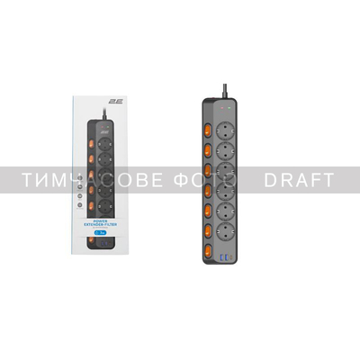 Мережевий подовжувач-фільтр 2E 2E-SP6M3SWBK, 6 розеток, 3 м, USB-A/USB-C, чорний Зображення