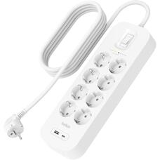 Сетевой удлинитель-фильтр Belkin SRB003VF2M-V2, 8 розеток, USB-A/USB-C, защита 900Дж, белый, шнур 2м Сетевой удлинитель-фильтр Belkin SRB003VF2M-V2, 8 розеток, USB-A/USB-C, защита 900Дж, белый, шнур 2м Изображение