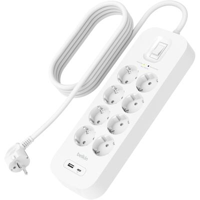 Мережевий подовжувач-фільтр Belkin SRB003VF2M-V2, 8 розеток, USB-A/USB-C, захист 900Дж, білий, кабель 2м Зображення