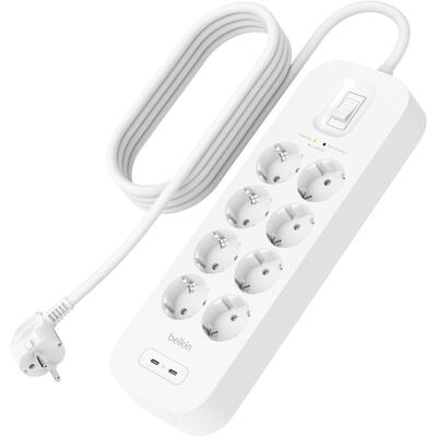 Мережевий подовжувач-фільтр Belkin SRB004VF2M 8 розеток, USB-C, 2 м, білий Зображення