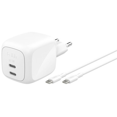 Сетевое зарядное устройство Belkin WCH020KQ2MWH-B6 67 Вт, 2xUSB-C, GaN, кабель 2 м, белый Изображение